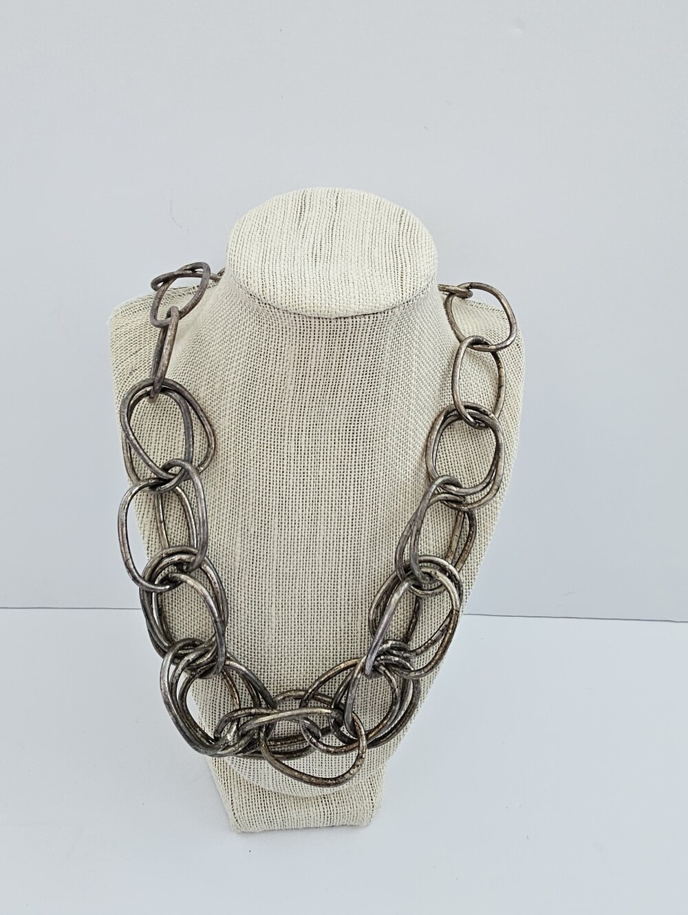 Vintage Statement Chunky Oval Link Chain Necklace Heavy Antique Silver Tone​